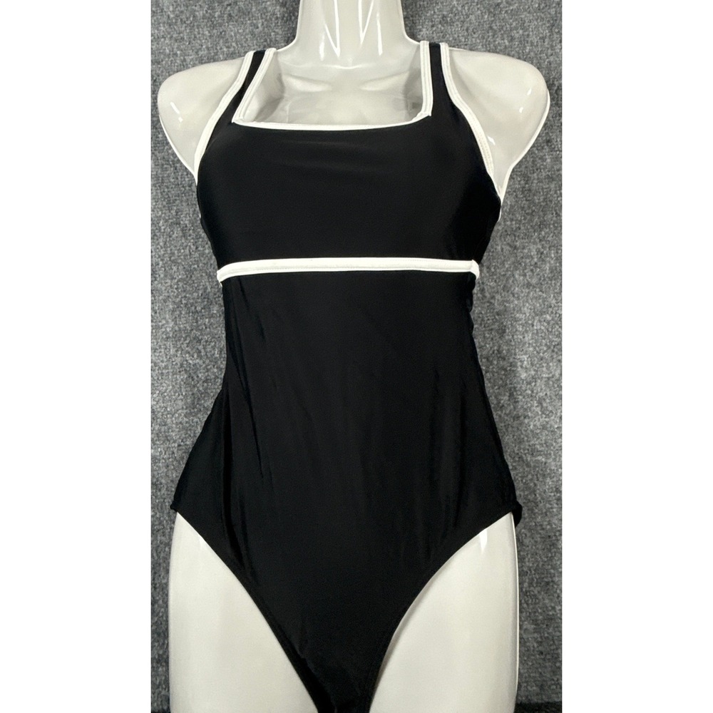 Athletic Womens Small  Black White Contrast Trim One Piece Swimsuit NWOT‎